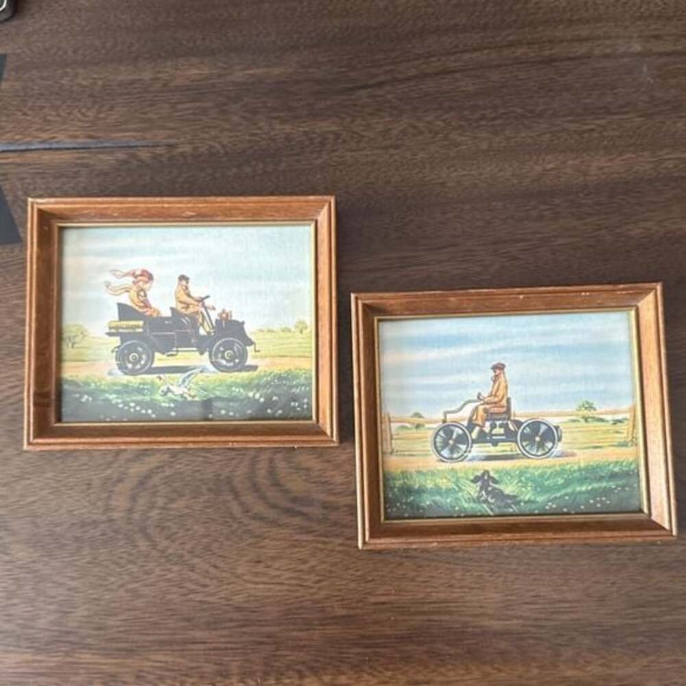 Vintage Car Print Duck Mom Child Wood Framed Under Glass Antique Automobile - ,